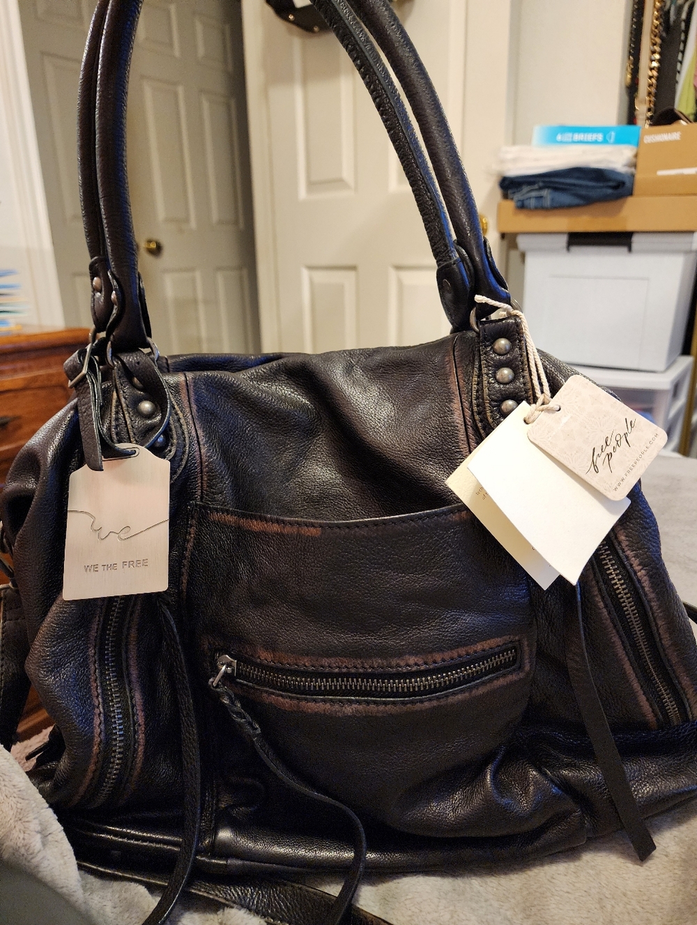 FREE PEOPLE We The Free Emerson Tote In Coal NWT.  (It Is real Leather)